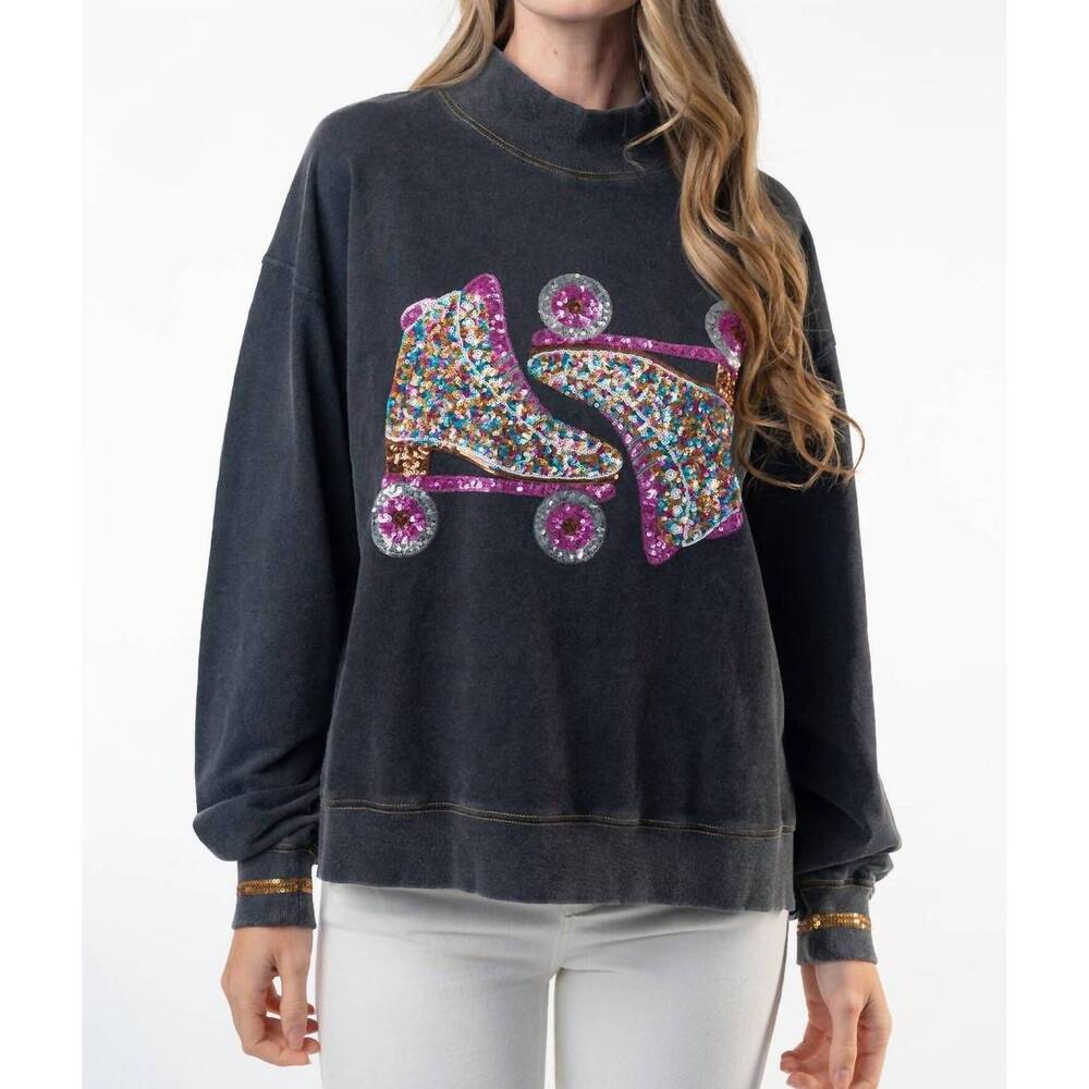 NEW WHITE BIRCH skate sequin embellished sweatshirt in black